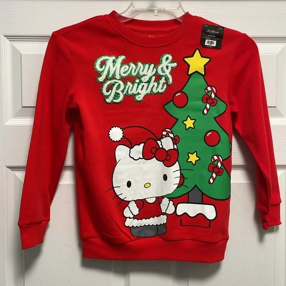 Hello Kitty Red Graphic Christmas Merry & Bright Tree Sweatshirt Crewneck - Picture 1 of 17